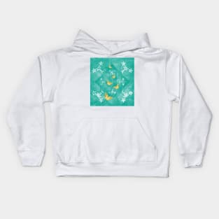Gold butterflies and silver flowers on a textured teal mandala Kids Hoodie